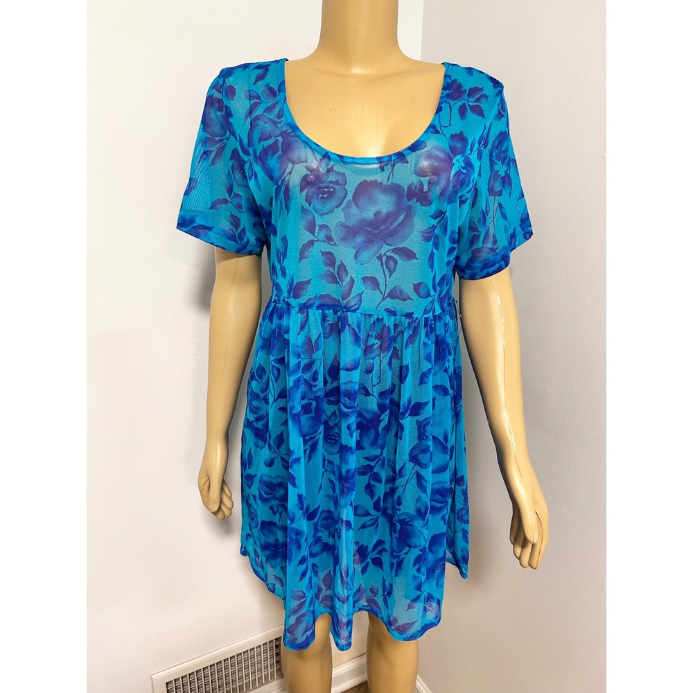 Cole of California Blue Floral Mesh Sheer Cover Up Dress 15428Z8 Womens ML USA